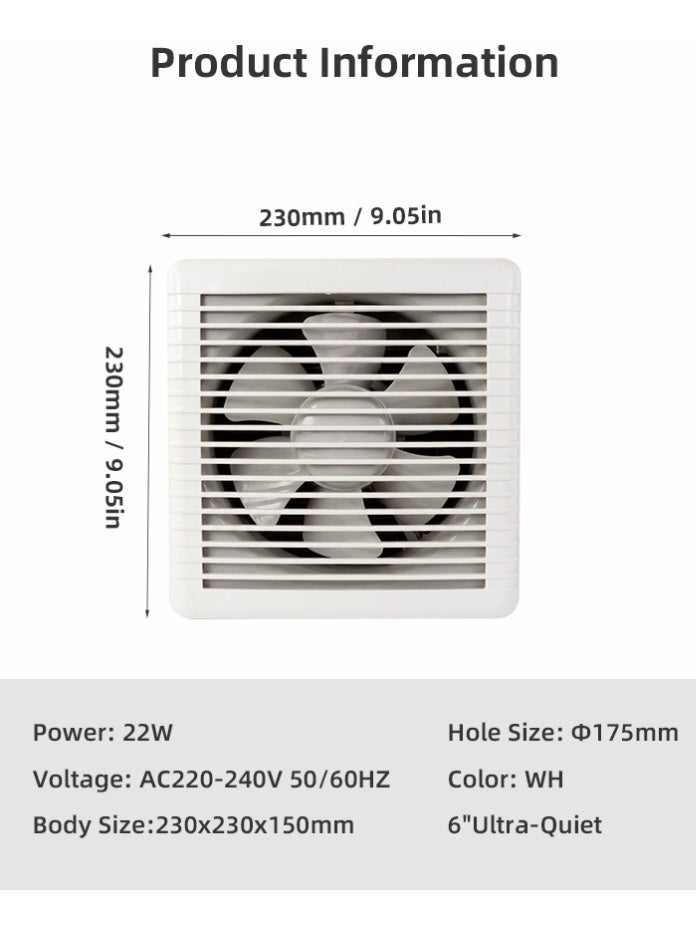 مودي مروحة شفط فائقة الهدوء مقاس 6 بوصات، مدخل هواء قوي للمطبخ والحمام وغرفة المعيشة، لون أبيض، 22 واط، 230 مم - Image 2